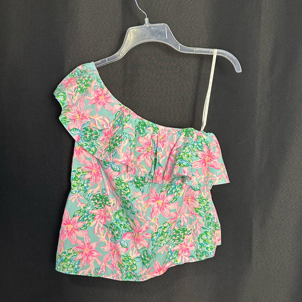 Lilly Pulitzer Zeldie One Shoulder Ruffle Top in Pink Isle Snappy Turtle Pattern